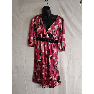 Bisou Bisou Michele Bohbot Womens V-neck Geometric Dress Size 12 Half Sleeve